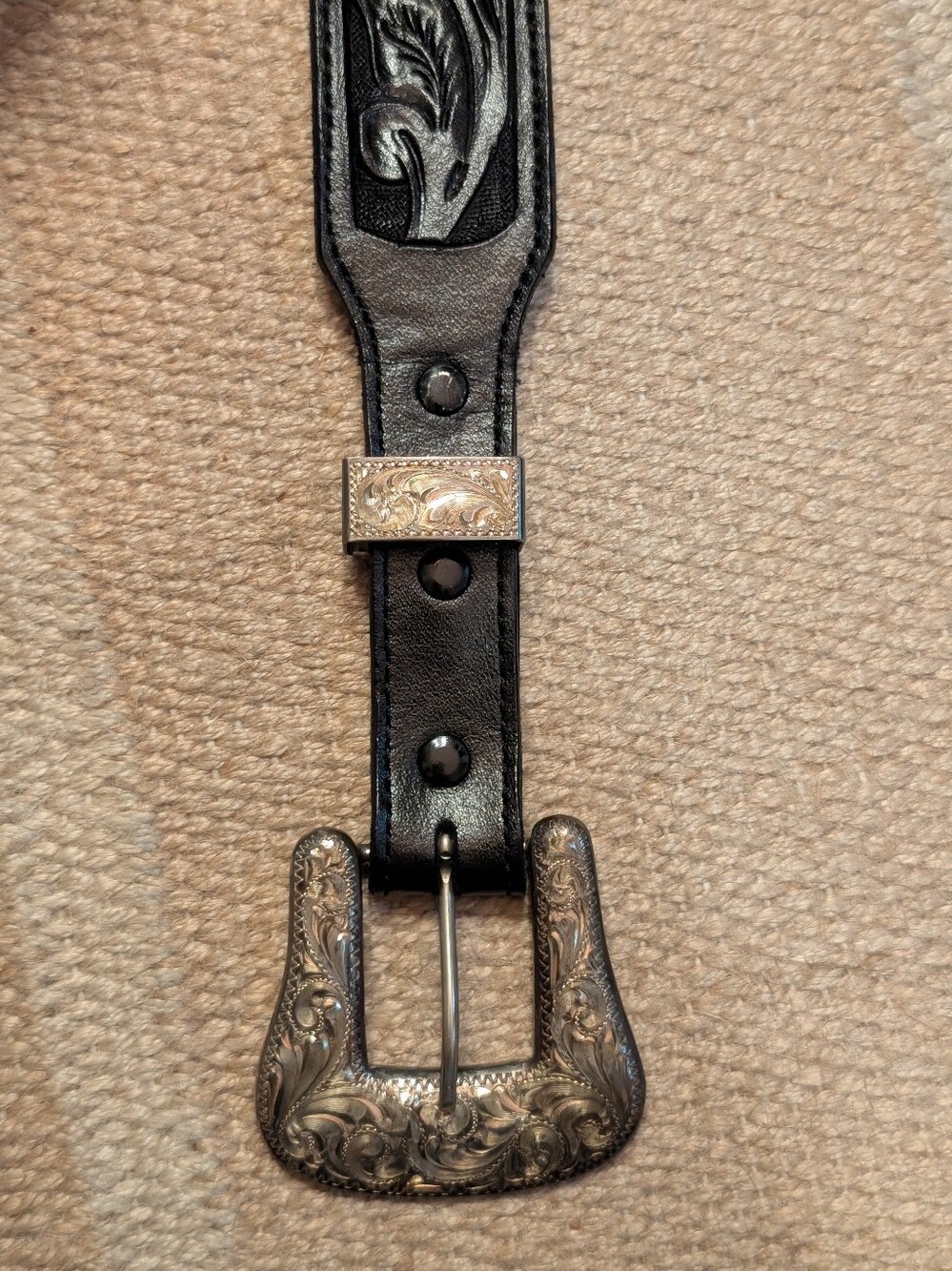 Women's Black Tooled Leather Belt with Ornate Silver Overlay